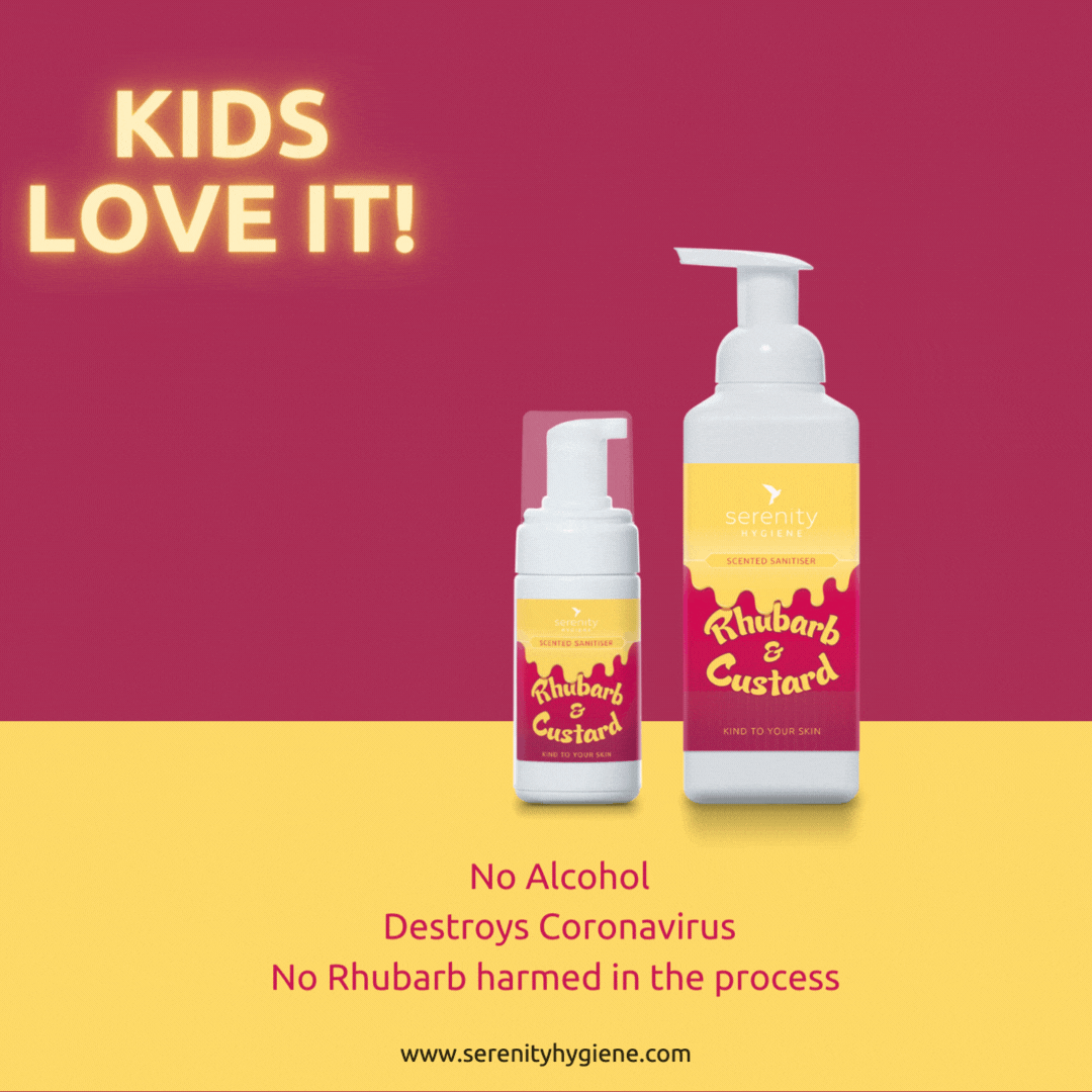 Child using alcohol-free rhubarb and custard scented hand hygiene sanitizer outdoors in autumn