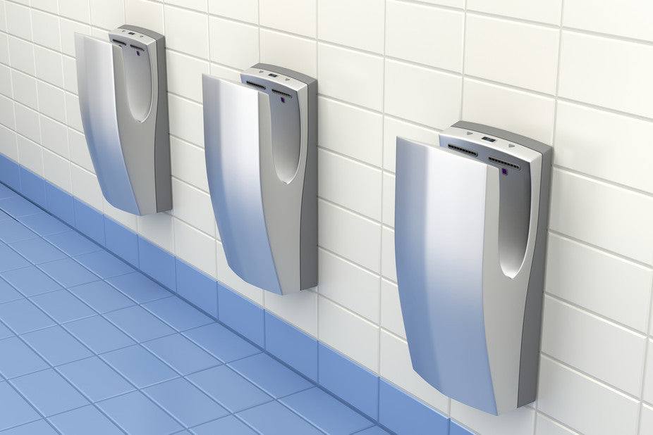 Diagram comparing virus spread of different hand drying methods in public washrooms