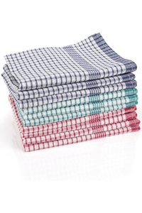 Pack of 10 assorted colour rice weave tea towels with decorative check pattern for catering use