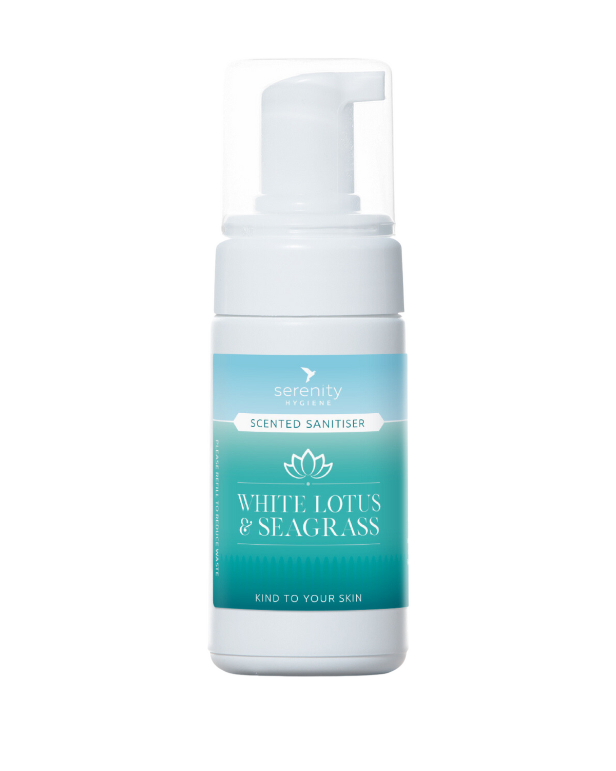 Seagrass Hand Foam Sanitiser with White Lotus fragrance, gentle no alcohol formula.