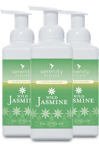 Wild Jasmine Hand Foam Sanitiser bottles with gentle, alcohol-free formula and hypoallergenic jasmine fragrance.