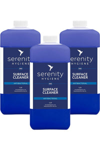 Antibacterial surface cleaner concentrate bottles with blue label.