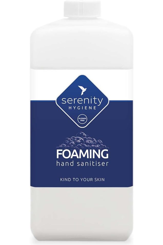 Unscented Hand Foam Sanitiser bottle with blue label, alcohol-free and hypoallergenic.