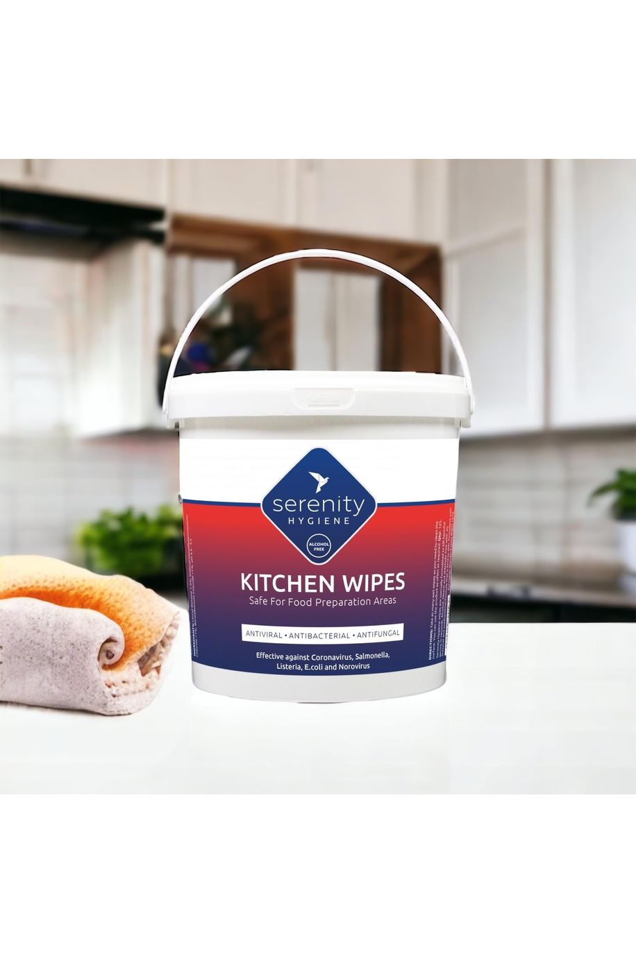 Serenity Antimicrobial Kitchen Wipes tub in a kitchen setting, effective for sanitizing surfaces.