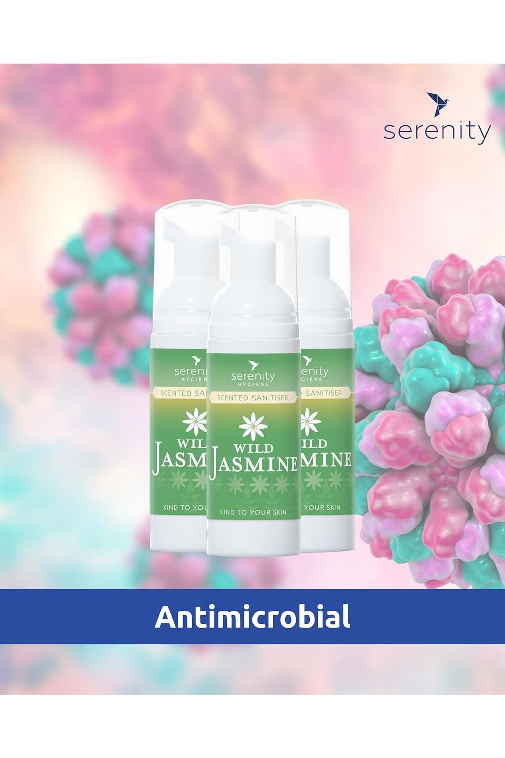 Wild Jasmine Hand Foam Sanitiser with antimicrobial properties and hypoallergenic formula.