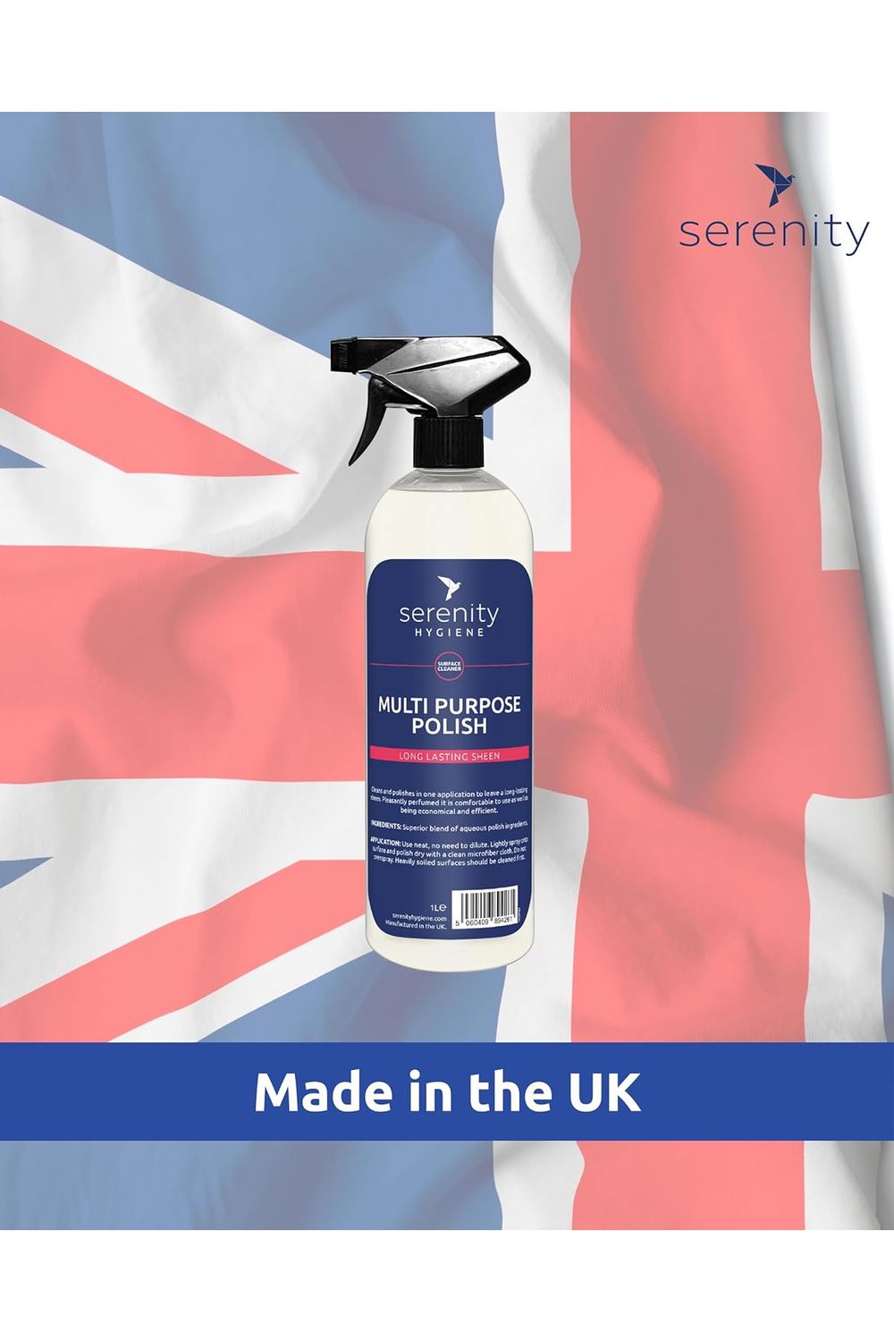 Multipurpose Polish spray bottle with UK flag background.