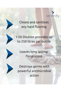 Antibacterial floor cleaner concentrate with floral scent, provides up to 250 liters per bottle; cleans and sanitizes hard flooring.