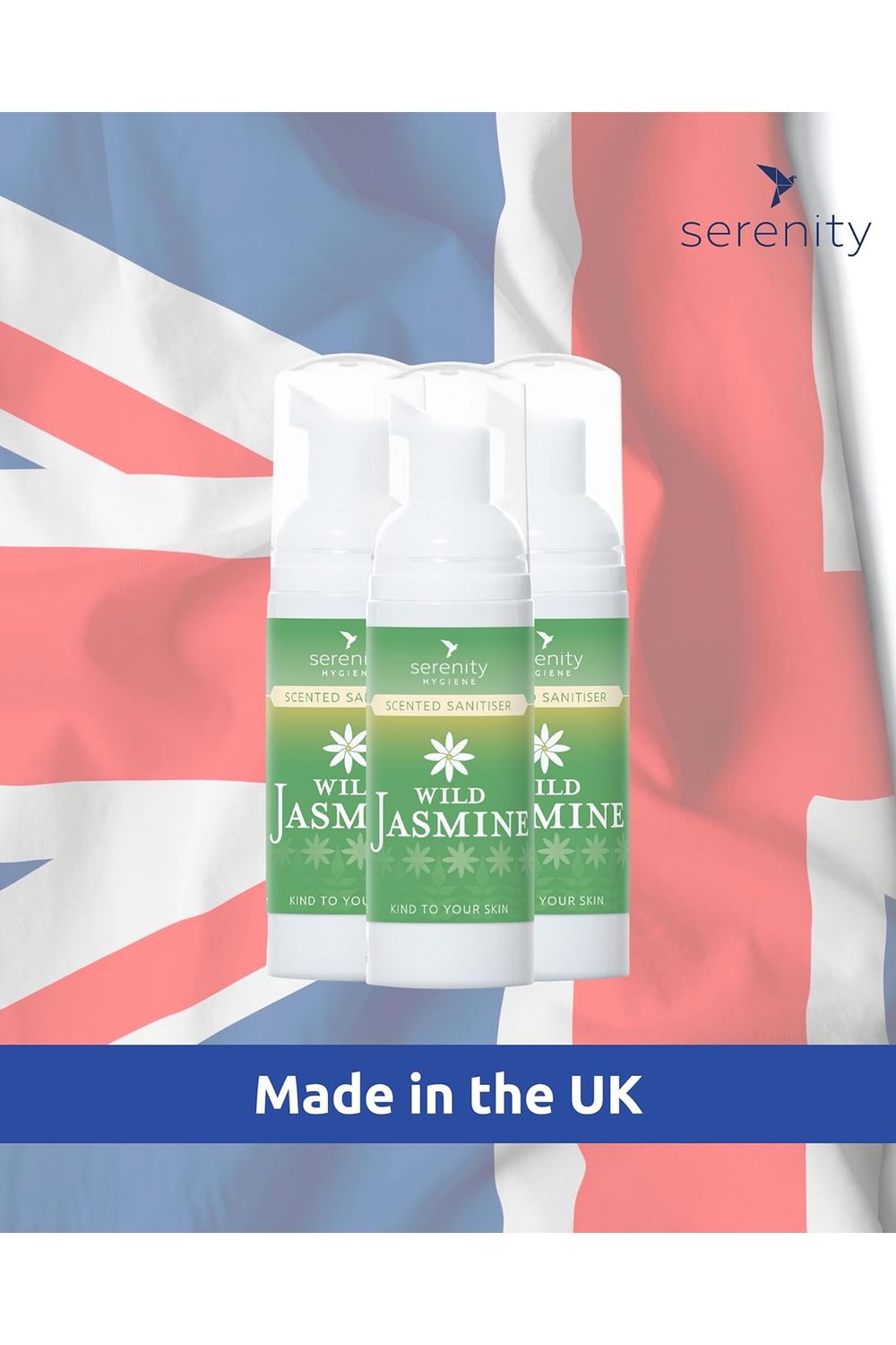 Wild Jasmine Hand Foam Sanitiser by Serenity with Union Jack background, made in the UK, hypoallergenic, alcohol-free formula.