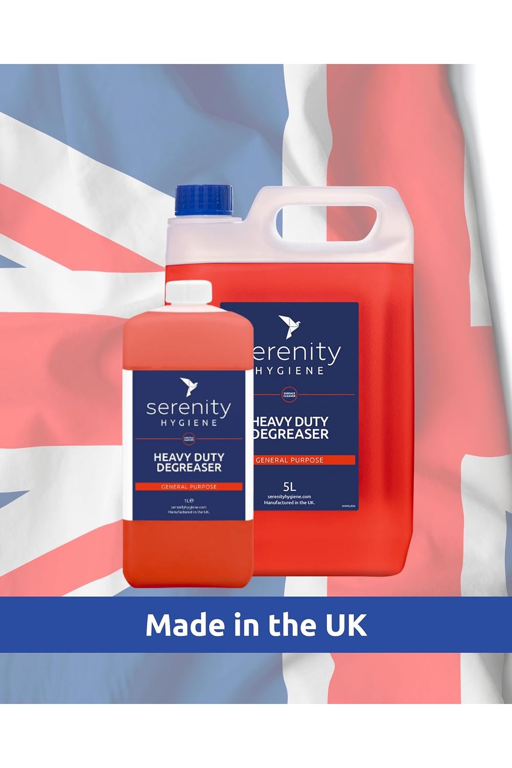 Heavy Duty Degreaser Concentrate bottles with UK flag backdrop.