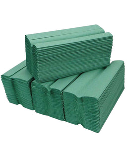 Bulk pack of green C fold paper hand towels made from 100% recycled paper for commercial use
