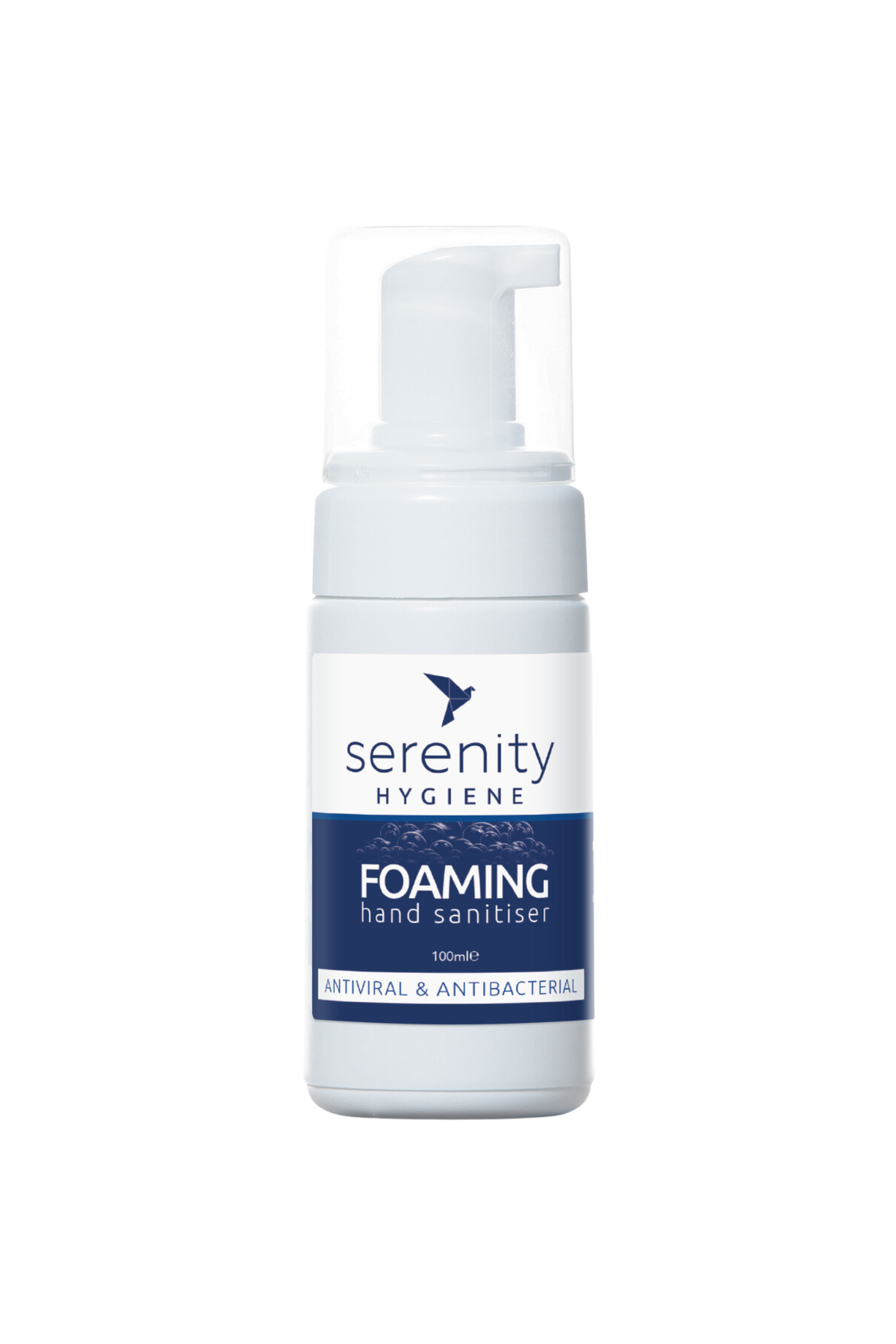 Unscented hand foam sanitiser bottle with antiviral and antibacterial properties.