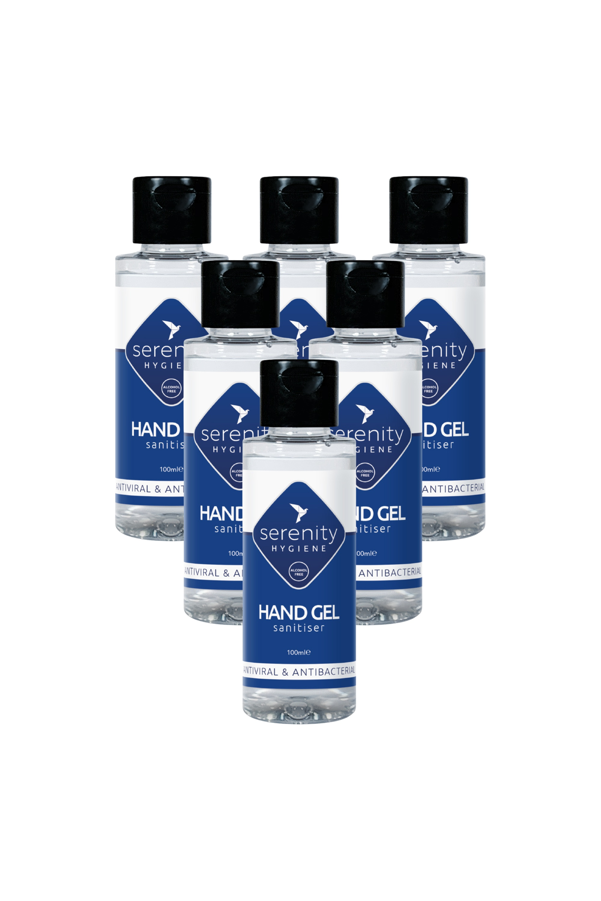 Hand gel sanitiser bottles with advanced antiviral and antibacterial formula.