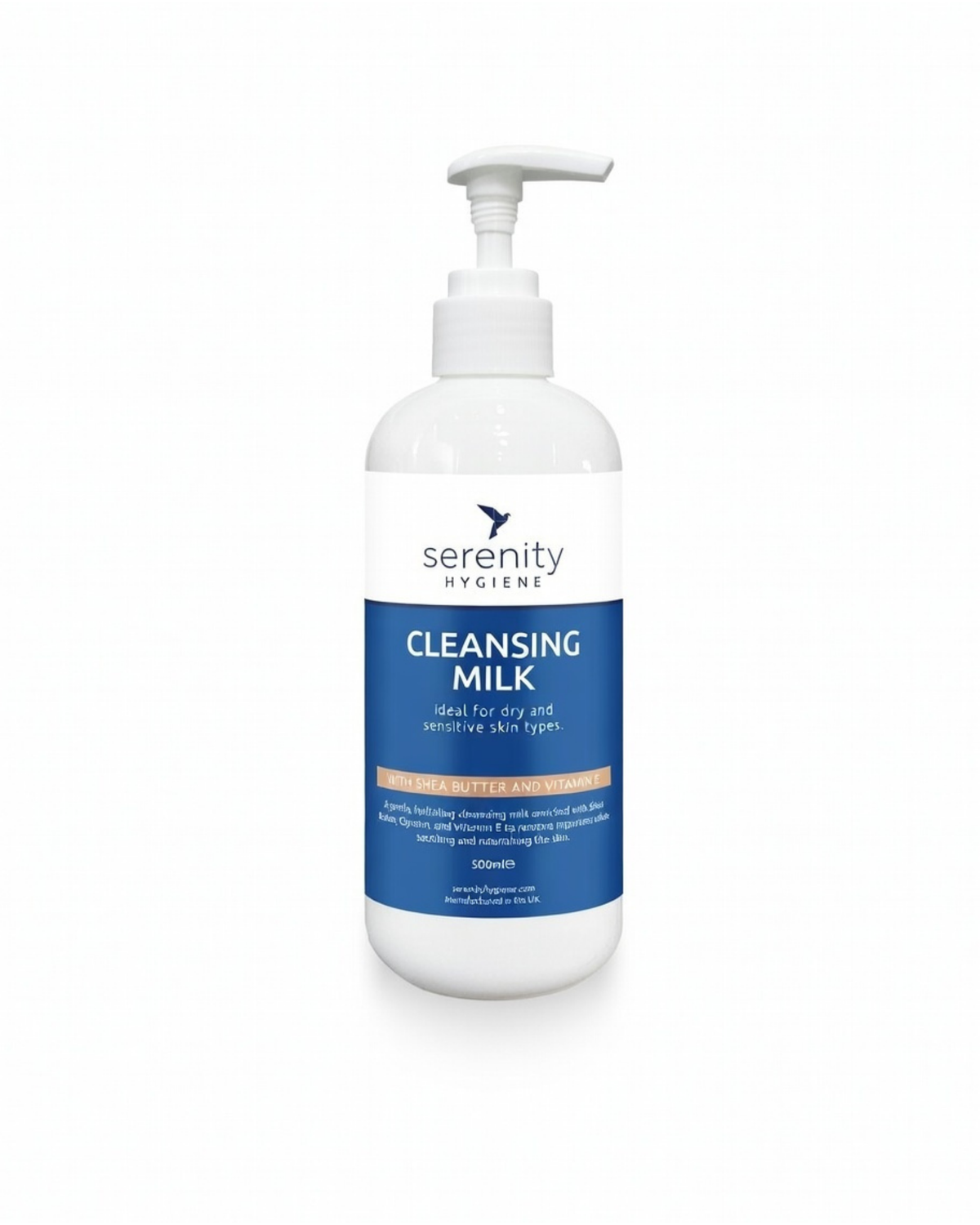Serenity hydrating cleansing milk bottle with shea butter and vitamin E for dry sensitive skin