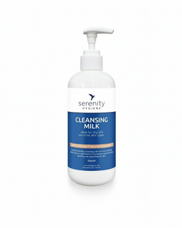Serenity hydrating cleansing milk bottle with shea butter and vitamin E for dry sensitive skin