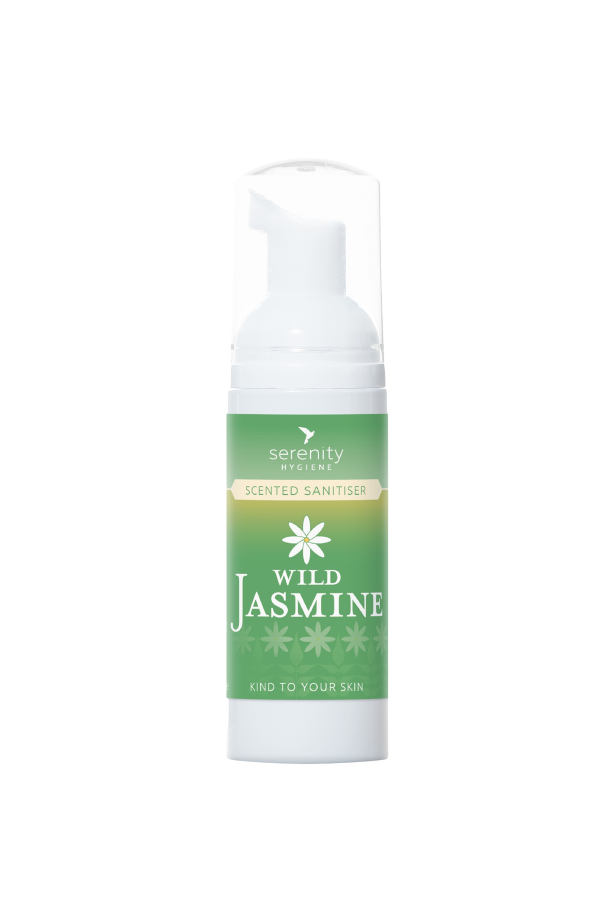 Wild Jasmine Hand Foam Sanitiser with gentle jasmine fragrance, hypoallergenic formula, and effective biocide for germ protection.