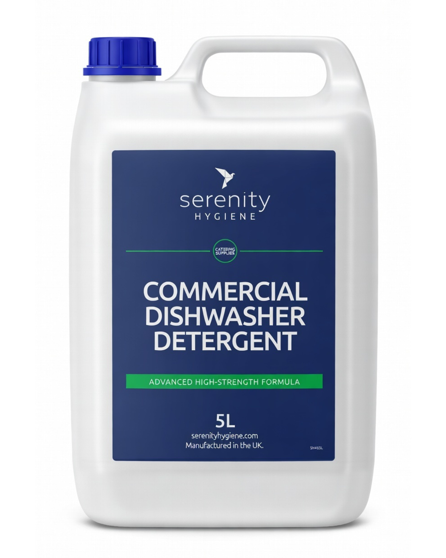 Serenity Commercial Dishwasher Detergent 5L bottle for powerful grease and stain removal in commercial dishwashers