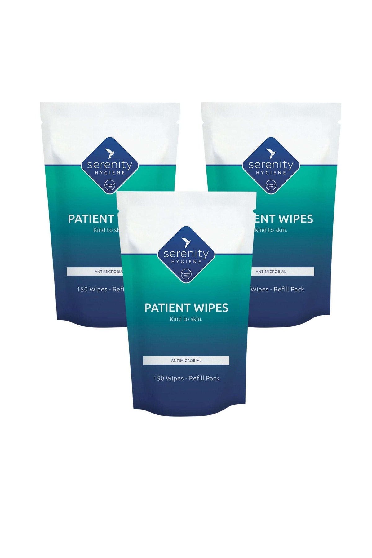 Serenity Hygiene Antimicrobial Patient Wipes, 150 count, refill pack, skin-safe and germ-effective.